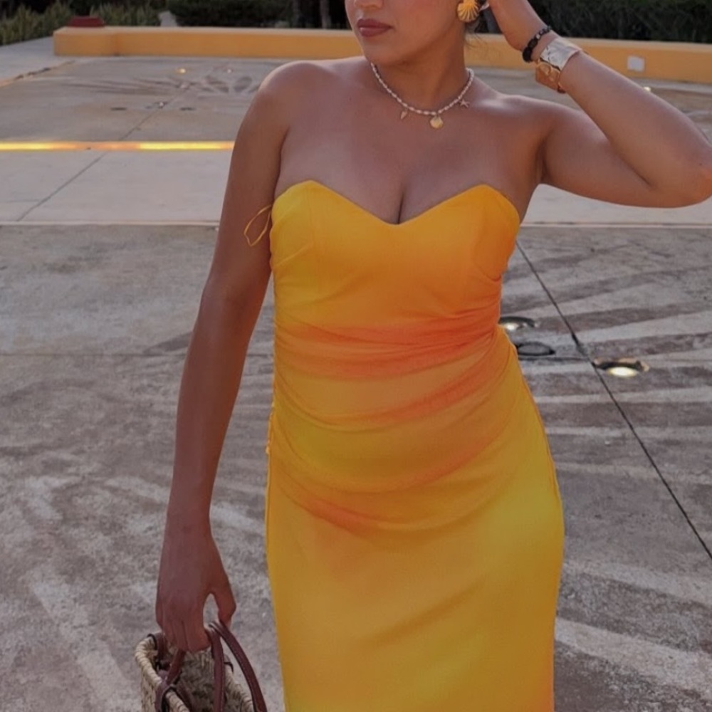 Zara NWT yellow orange tie dye printed tulle midi draped ruched sweetheart dress - Picture 6 of 15